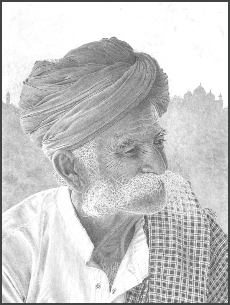 Graphite drawing of man in Rajasthan, India.